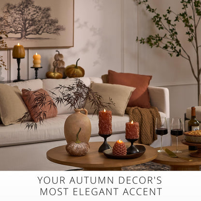 Luminara Flameless Caramel Cafe Embossed Leaves 3.5" x 4.5" Pillar, Battery Operated & Timer Function, Fall Decorations Indoor Candle Moving Flickering Flame LED Light, Remote Ready (Sold Separately)
