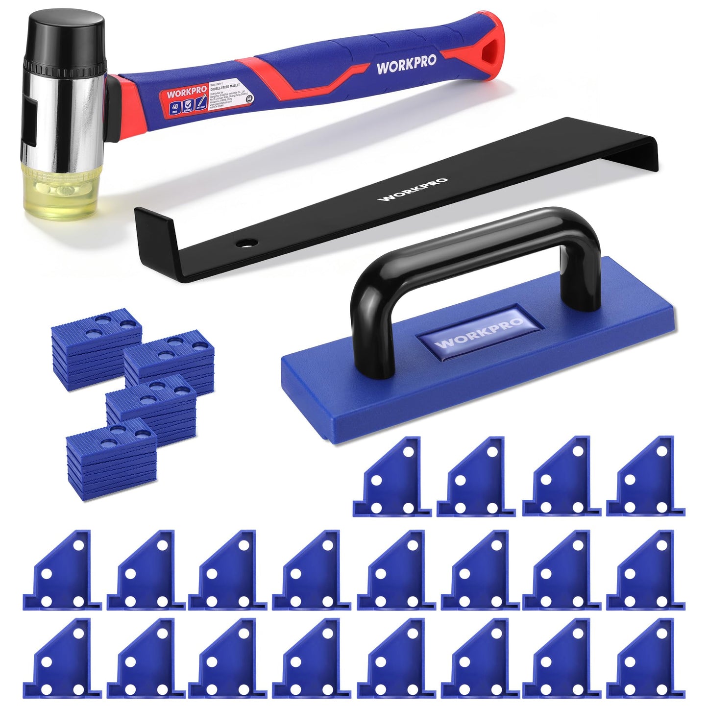 WORKPRO 63-Piece Laminate Flooring Tools, 5-in-1 Vinyl & LVP Flooring Installation Kit with Tapping Block with Handle, Heavy Duty Pull Bar, Double-Faced Mallet & 60-Piece Spacers for Pros & DIY Users