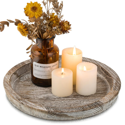Hanobe Candle Plate Holder Tray: Round Wood Decorative Candle Plate - Rustic Farmhouse CoffeeTable Decor - Tealight Pillar Trays for Home Decor (Whitewash)