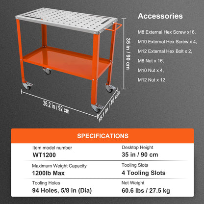 VEVOR Welding Table 36"x18", 1200lbs Load Capacity Steel Welding Workbench Table on Wheels, Portable Work Bench with Braking Lockable Casters, 4 Tool Slots, 5/8-inch Fixture Holes, Tool Tray
