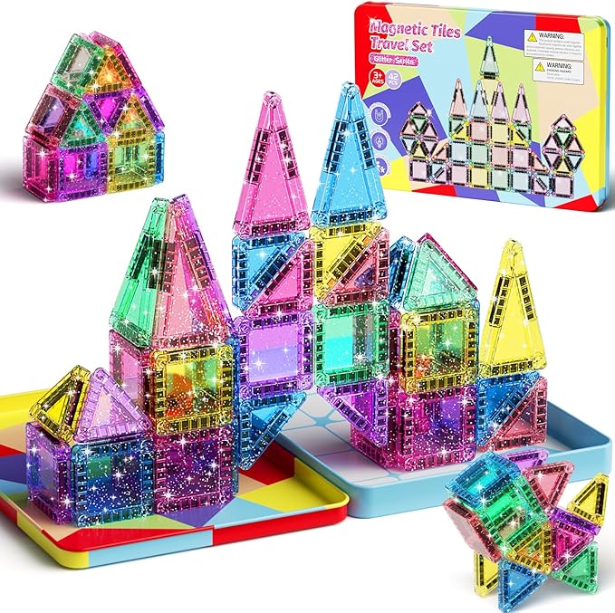 42 Pcs Mini Travel Glitter Magnetic Tiles Magnetic Block Set with Storage Box - STEM Educational Sensory Preschool Building Toy for Toddlers Ideal Kids Gifts for Ages 2 3 4 5 6