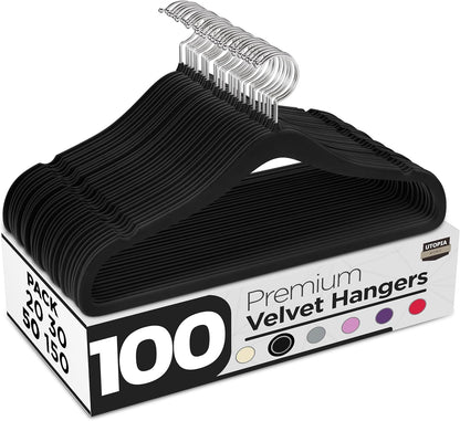 Utopia Home Velvet Hangers - 100 Pack Luxury Non-Slip Slim Coat & Pant Hangers - Black with 360° Swivel Hook
