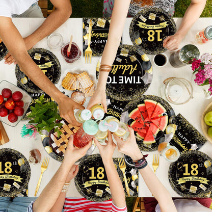 96 Pcs 18th Birthday Party Plates and Napkins Party Supplies Time To Adult 18 Years Old Birthday Party Tableware Set Black Gold 18th Birthday Decorations Favors for Boys Girls for 24 Guests