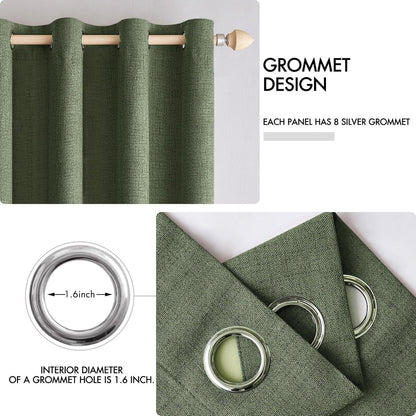 MIULEE Blackout Linen Textured Curtains - Thermal Insulated Olive Green Drapes | 52 x 84 Inch (2 Panels)