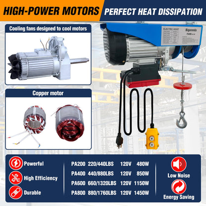 Bigorenda 1320lb Electric Hoist with Remote Control/Wired Control, Electric Hoist 2 in 1, 110v Electric Hoist with Single/Double Slings,65.6/33ft Lifting Height, for Factory Attic Garage Warehouse