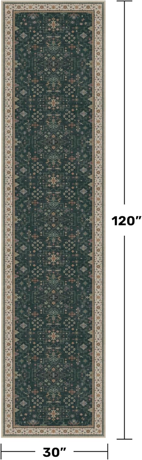 Regine Switzerland Dark Green Washable Runner Rug - Non-Skid 2'6"x10' for Hallway & Entryway Décor
