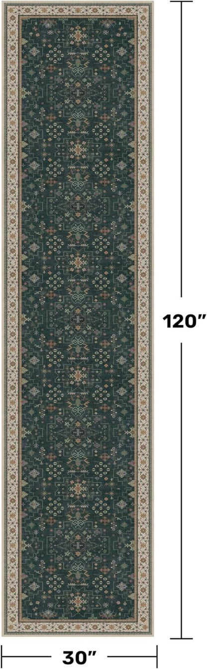 Regine Switzerland Dark Green Washable Runner Rug - Non-Skid 2'6"x10' for Hallway & Entryway Décor