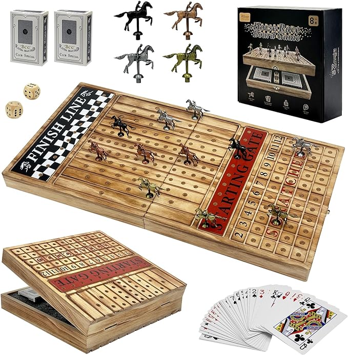 Large 23 inches Horse Racing Board Game with 11 Luxury Metal Horses Foldable Wood Horse Race Board Game with 2 Sets of Dice 2 Boxes of Cards for Parties and Gambling
