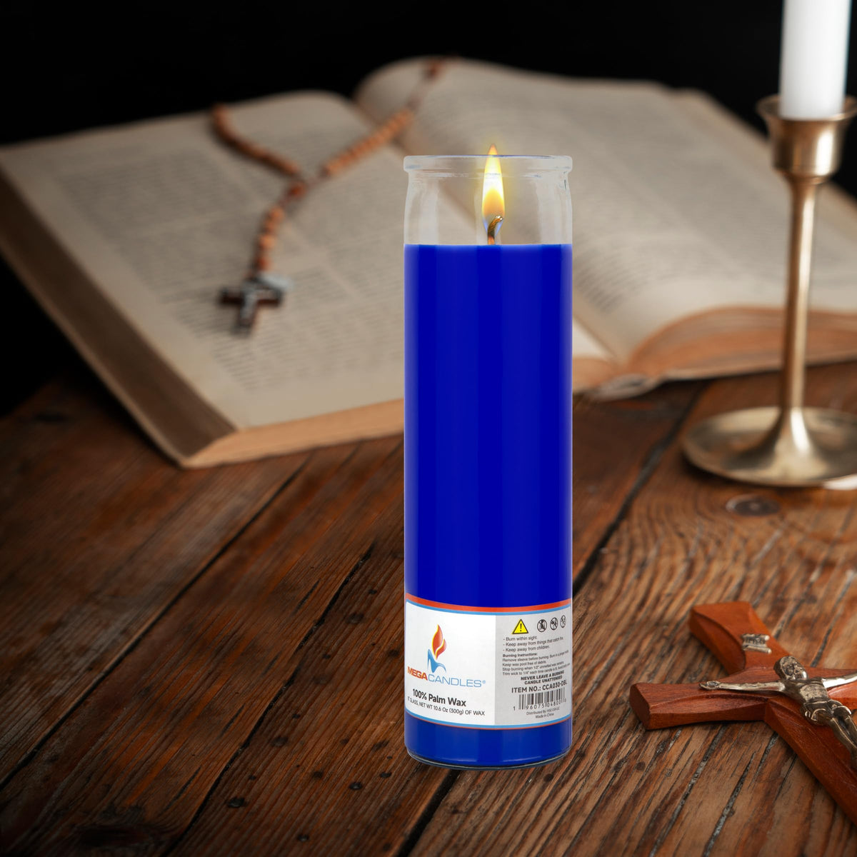 Mega Candles 3 pcs Unscented Blue Glass Container Devotional Prayer Candles, Shortening Wax Candle 2 Inch x 8 Inch, Sanctuary, Vigils, Prayers, Spiritual, Blessings, Religious, Altar, Remembrance