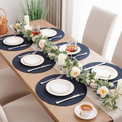 SHACOS 15 inch Round Placemats Set of 12 for Dining Table Braided Circle Place Mats Kitchen Table Placemat Washable Table Mats, Navy Blue