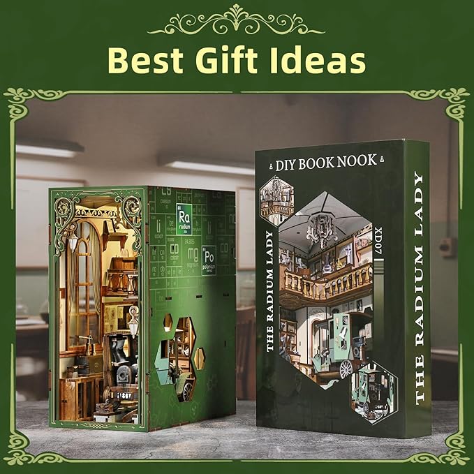 Book Nook Kit DIY Miniature Dollhouse Kit 3D Puzzles for Adults Tiny House Mini Home Craft Bookshelf Nook Puzzle Book Decor Gifts for Teenagers Book Lovers (The Radium Lady)