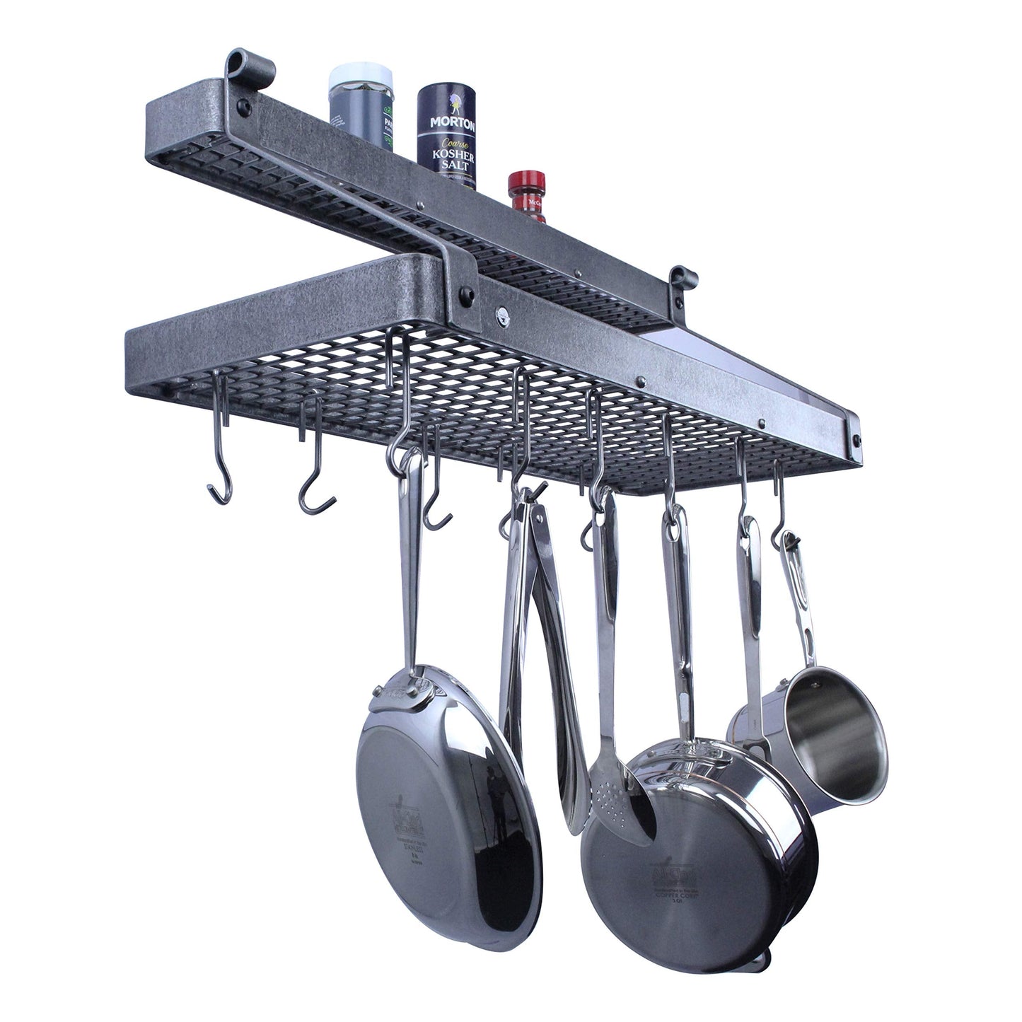 Enclume Premier Bookshelf Wall Pot Rack with Shelf, Hammered Steel