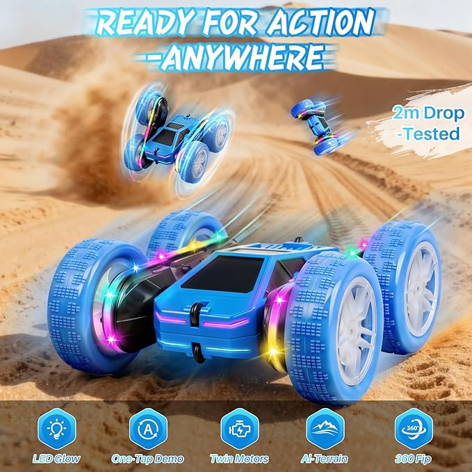 Remote Control Car Rc Cars Stunt RC Crawler Toys 4WD 360° Rotating with LED Light-Up Wheels &amp Remote Control for 6-12 for Boys Birthday Gift (Blue)