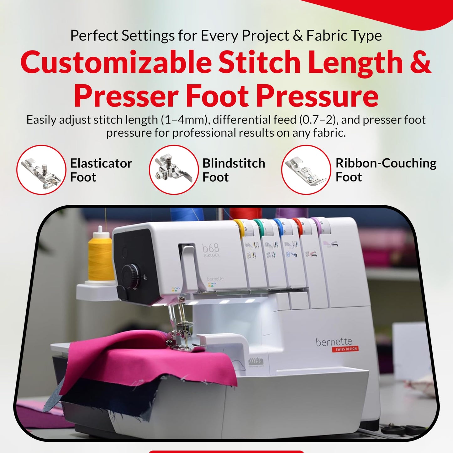 Bernette B68 Airlock Serger Sewing Machine | Adjustable Stitch Length, 1300SPM, LED Light, 5 Thread Options, Presser Foot Adjustment | Free 6 Pcs Overlock Foot Kit & 7 Pcs Coverstitch Foot Kit