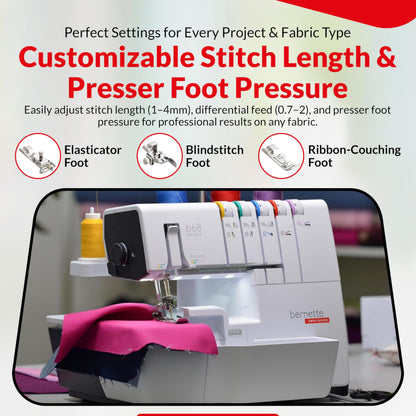 Bernette B68 Airlock Serger Sewing Machine | Adjustable Stitch Length, 1300SPM, LED Light, 5 Thread Options, Presser Foot Adjustment | Free 6 Pcs Overlock Foot Kit & 7 Pcs Coverstitch Foot Kit
