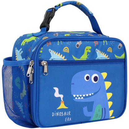 BrainyBees Insulated Kids Lunch Bag - Reusable Boys Lunch Box with Water Bottle Holder Toddler Lunch Tote Bag for Daycare and School, Easy to Clean, Blue Cute Dinosaur