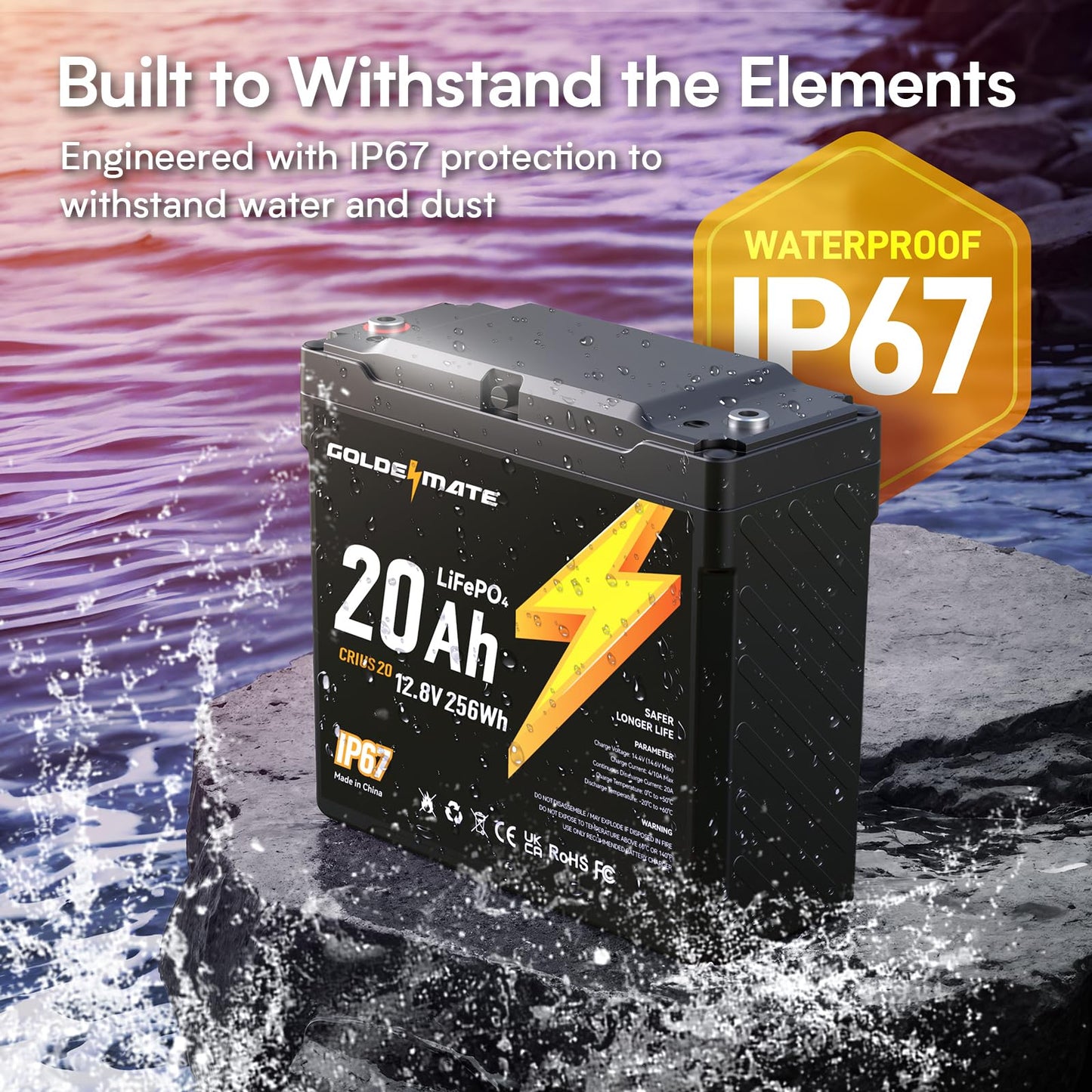 GOLDENMATE 12V 20Ah LiFePO4 Battery(2 Packs), IP67 Waterproof, 12V Lithium Battery with 5000+ Deep Cycles, Built-in BMS & Premium Battery Cells, Ideal for Solar, Marine, Fishfinder, Off-grid camping