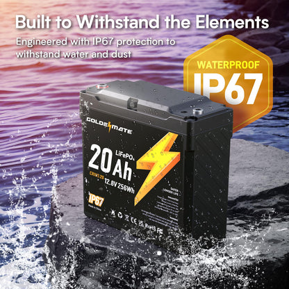 GOLDENMATE 12V 20Ah LiFePO4 Battery(2 Packs), IP67 Waterproof, 12V Lithium Battery with 5000+ Deep Cycles, Built-in BMS & Premium Battery Cells, Ideal for Solar, Marine, Fishfinder, Off-grid camping