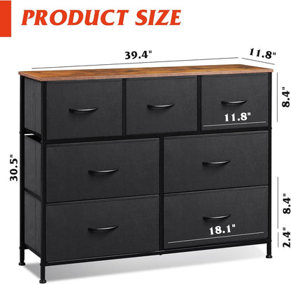 WLIVE 7 Drawer Dresser | Stylish TV Stand & Media Console for TVs Up to 45 Inches | Black & Rustic Brown