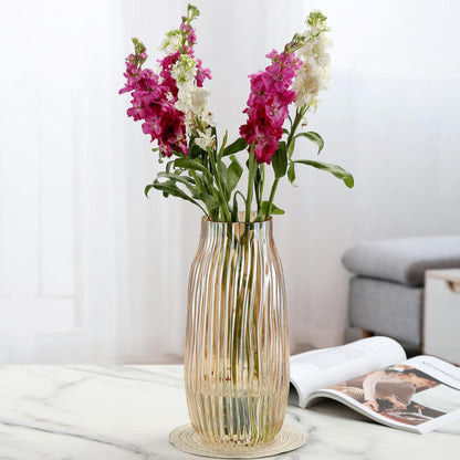 Large Amber Glass Vase for Home Decor Ribbed Tall Gold Floor Vase 12.0" Decorative Vases for Table Centerpieces Flowers Decor and Farmhouse(Brown 8.0in)