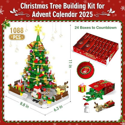 Advent Calendar 2025 Adult 1088 Pieces Christmas Tree Building Kit with Led Light 24 Days Christmas Countdown Christmas Tree Building Toy Set Ideal Xmas Gift Toy for Teen Boy