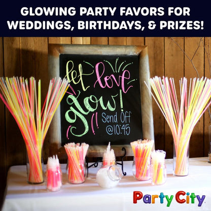 Party City 100 Glow Sticks Bulk Party Pack 8”– Neon Glow in the Dark Party Supplies, Glowsticks with Connectors Bracelets & Necklaces, Light Up Favors for Kids, Adults, Birthdays, Parties, Decorations