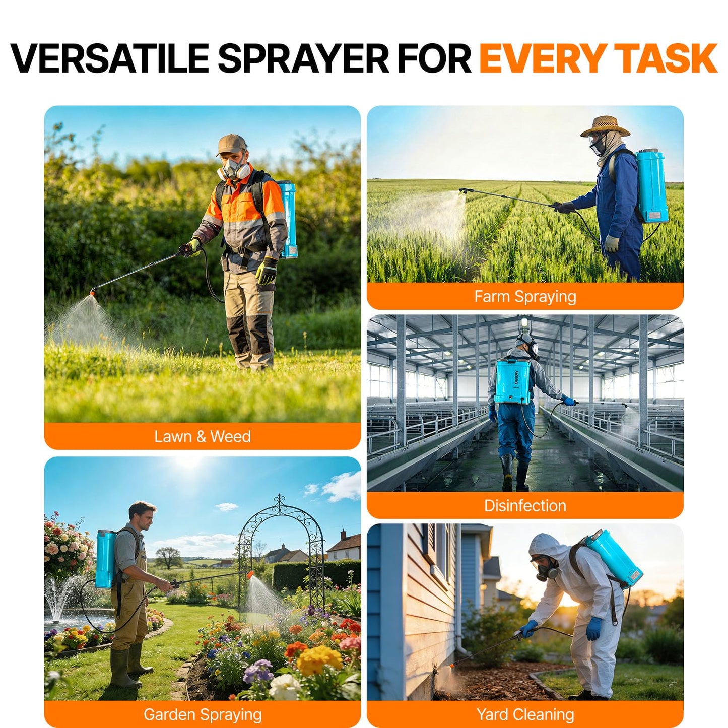 OGERY Battery Powered Backpack Sprayer 4 Gallon, 2.6Ah 21V Battery Electric Pump Sprayer with 6 Nozzles, Telescopic Stainless Steel + Plastic Wand for Lawn Garden Weed Yard Cleaning (Charger Included)