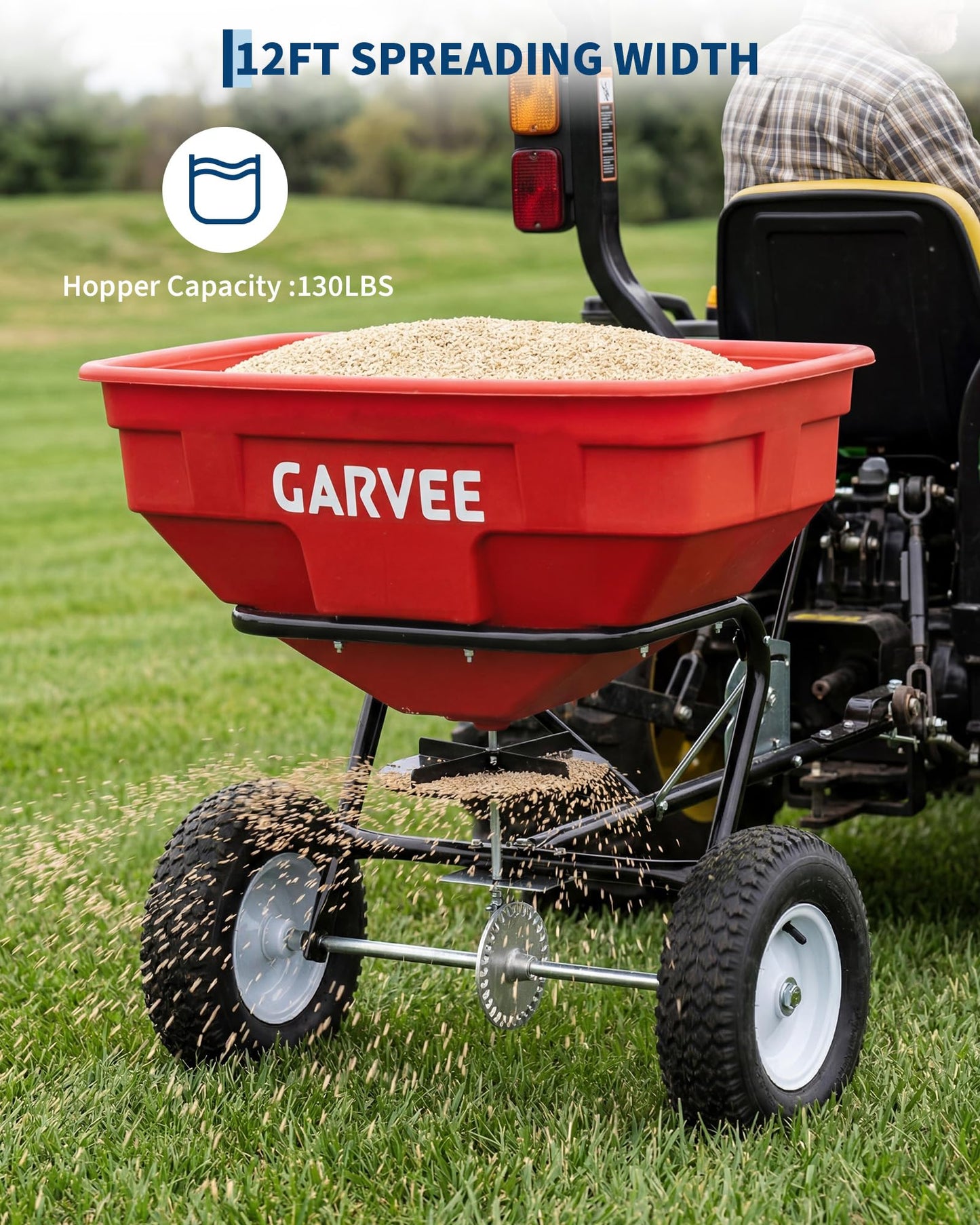 125 LBS Heavy Duty Tow Behind Broadcast Spreader, Adjustable Flow with 30 Settings, 9.8ft Spreading Width, Universal Hook for UTV/ATV/Tractor, Padded Control & Tool Pouch, Compatible with Fertilizer/G