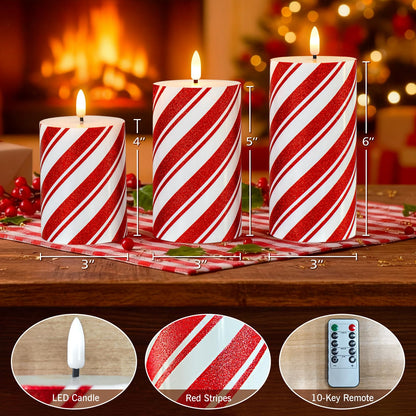 Lumeavetra Glitter Red Stripe LED Flameless Candles, Battery Operated Pillar Lights with Remote Timer, Real Wax Electric Candles for Holiday Home Christmas Party Decor, Set of 3