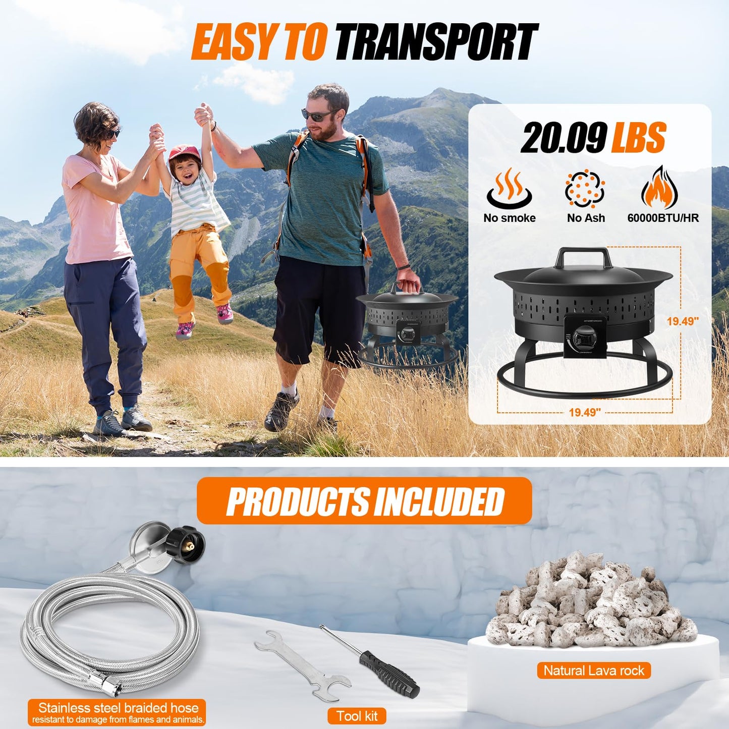 GasBRUH 19″ Outdoor Portable Propane Fire Pit with Cover&Carry Kit,Outdoor Fireplace,60,000 BTU Camping Propane Firepit,Portable Gas Fire Pits for Outside Patio,Camping,RV,Smokeless Gas Firebowl