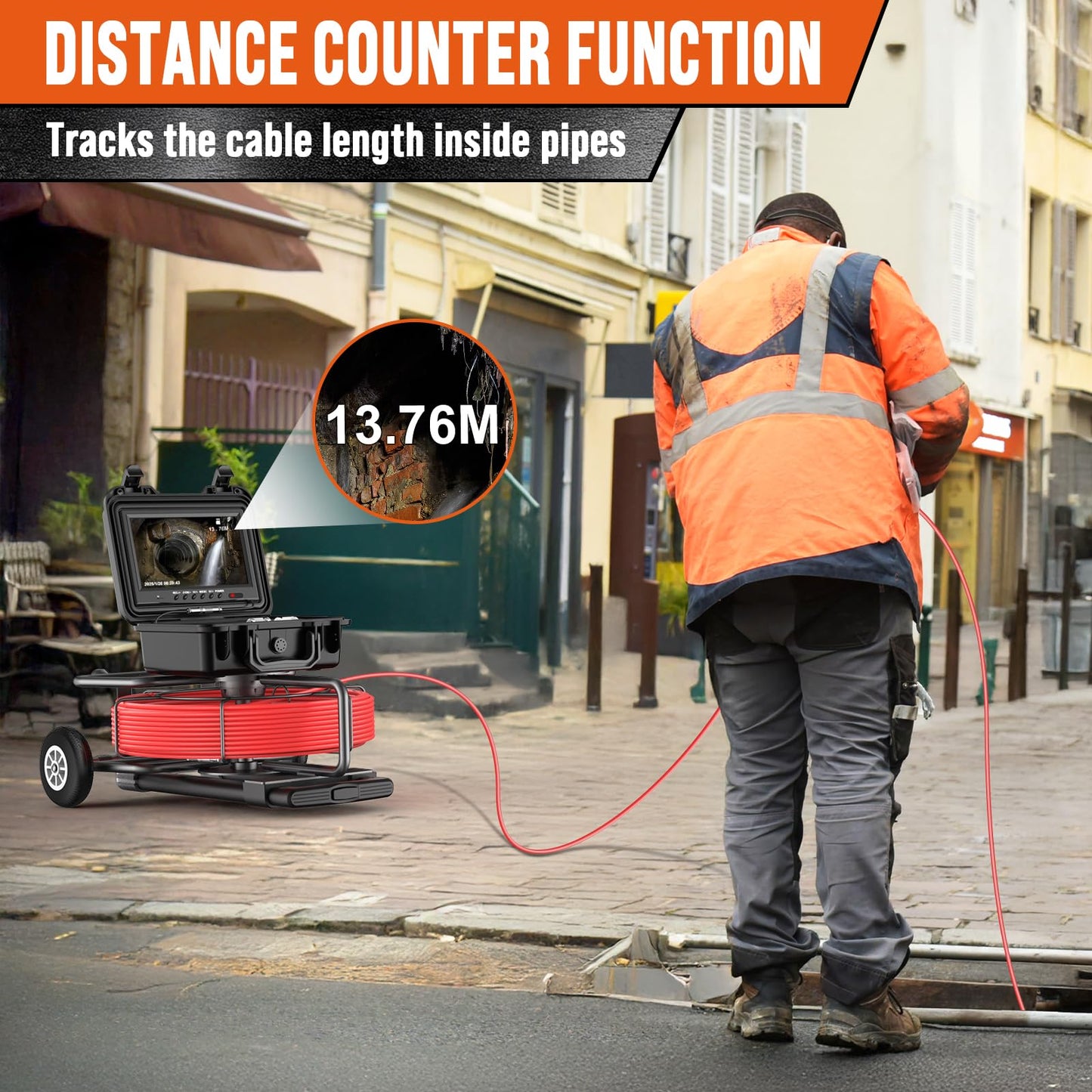 Sewer Camera 230ft, Drain Camera with Self-Leveling, Distance Counter, 512Hz Sonde, 9" HD Plumbing Cameras with 12 LED Lights, IP68 & 32GB DVR, Industrial Endoscope for Duct Sewer Line Pipe Inspection