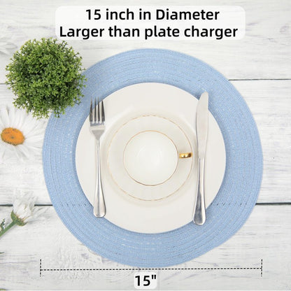 SHACOS Round Braided Placemats Set of 8 Washable 15 inch Round Non Slip Table Place Mats for Dining Tables Wedding Party Decor (Light Blue, 8)