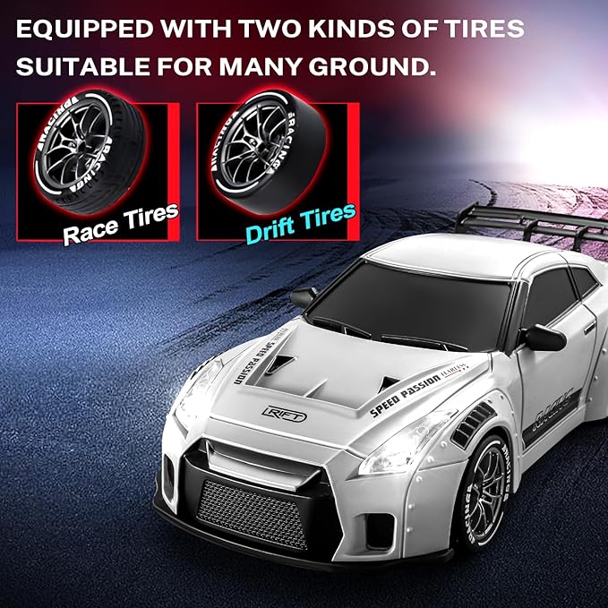 ACAMMZAR RC Drift Car 1:24 Remote Control Car for Kids 20KM/H 4WD High Speed RC Cars with LED Lights Two Batteries Extra Drifting Tires Vehicle for Adults Boys Girls
