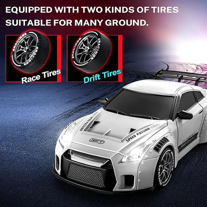 ACAMMZAR RC Drift Car 1:24 Remote Control Car for Kids 20KM/H 4WD High Speed RC Cars with LED Lights Two Batteries Extra Drifting Tires Vehicle for Adults Boys Girls