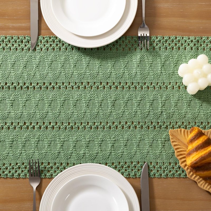 Socomi Sage Green Boho Table Runner Macrame Long Easter Spring Farmhouse Woven Cotton Linen Rustic Coffee Table Runner with Tassels for Dresser Scarf Home Decor Dining Room 12x108 inch