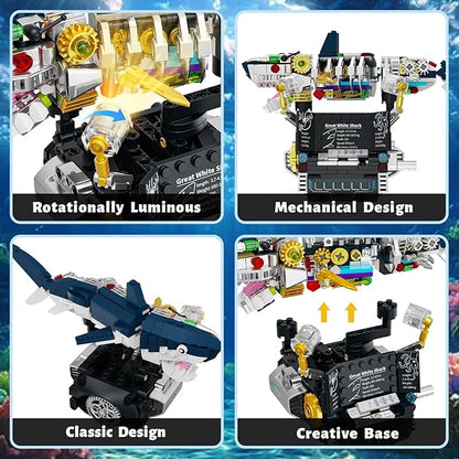 Mechanical Shark 3 in 1 Building Set 423pcs Compatible with Lego Shark Lantern Fish Octopus Models Deep Sea Ocean Kit Interactive Moving Base with Handle Control STEM Educational Toy for Kids 6+