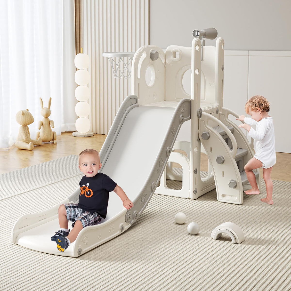 CuFun 6 in 1 Toddler Slide, Indoor Outdoor Playground for Kids 1-3, Baby Slide with Basketball Hoop, Storage, Climber and Telescope,Gray White