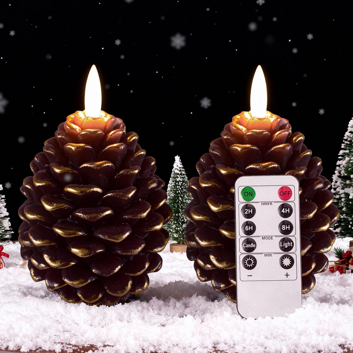 Pansyling 2pcs Flameless Pinecone Candles with Remote, Battery Operated Pine Cone Candles Real Wax Winter Decor, Flickering LED Christmas Decoration, D3.5 x H5 Inch, Brown & Gold Trim