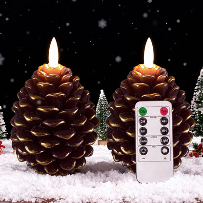 Pansyling 2pcs Flameless Pinecone Candles with Remote, Battery Operated Pine Cone Candles Real Wax Winter Decor, Flickering LED Christmas Decoration, D3.5 x H5 Inch, Brown & Gold Trim