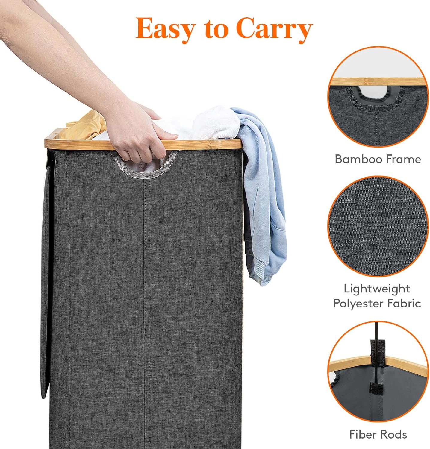 Lifewit 80L Laundry Basket - Foldable Hamper with Lid & Bamboo Handles | Dark Gray, Removable Bag