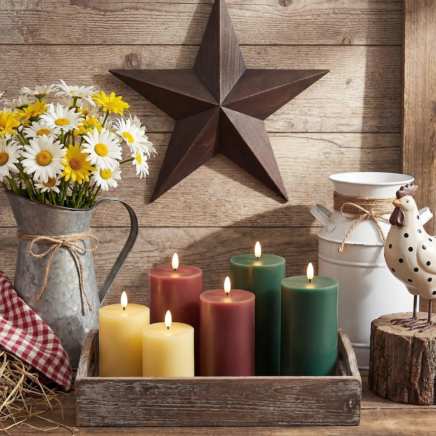 Grinsvalley 6 Pcs Flameless Candles Battery Operated LED Flickering Flameless Pillar Candles with Remote Real Wax Khaki Brown Green Table Decorations for Spring Wedding Home Decor