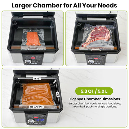 Gasbye Chamber Vacuum Sealer – 5.3QT Large Chamber, Replaceable 11.5" Sealing Bar with Double Seal, Perfect for Meats, Soups, Sauces & Liquids, Includes 30 Pre-Cut Vacuum Bags, Stainless Steel