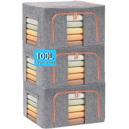 SWEERI Extra Large Clothes Storage Bins with Metal Frame, Foldable Organizer for Home Organization, 2-Way Zipper, Clear Window Storage Bags for Clothes, Bedding, Seasonal Storage, 100L x 3Pack