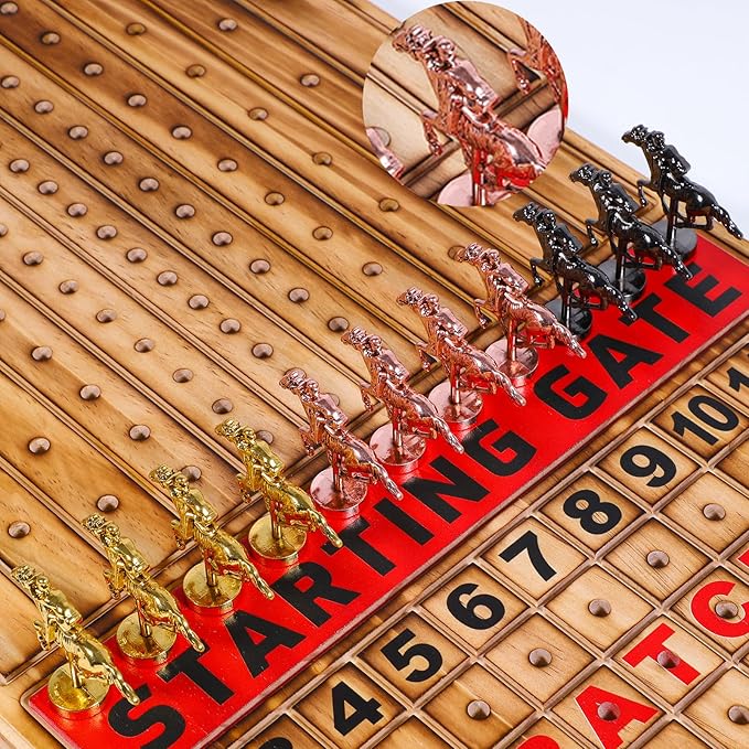 Large 21 inches Horse Racing Board Game with 11 Luxury Metal Horses Thickened Wood Horse Race Game Board with 2 Sets of Dice2 Boxes of Cards and 100 Poker Chips for Parties and Gambling