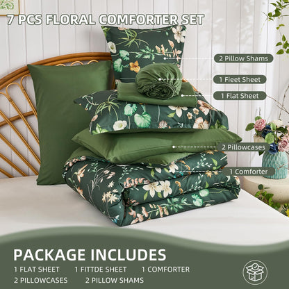 DJY Queen Comforter Set, Green Botanical Floral Bedding Comforter Sets Queen Size for All Seasons, 7 Pieces Bed in a Bag Lightweight Microfiber Comforter Set with Sheets Pillowcases & Shams
