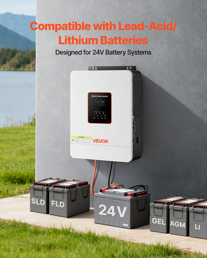 VEVOR 3000W Hybrid Solar Inverter, 24V DC to 230V AC, Pure Sine Wave Power Inverter, Built-in 80A MPPT Solar Charge Controller, Works with Lead Acid Lithium Battery, for Home Camper, Off-Grid, NO WiFi