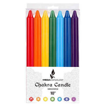 Mega Candles 7 pcs Unscented Straight Taper Chakra Candles Hand Poured Premium Wax Candles 10 Inch x 7/8 Inch, 100% Cotton Wick, Positive Healing Energy, Meditation, Relaxation, Reiki, Yoga