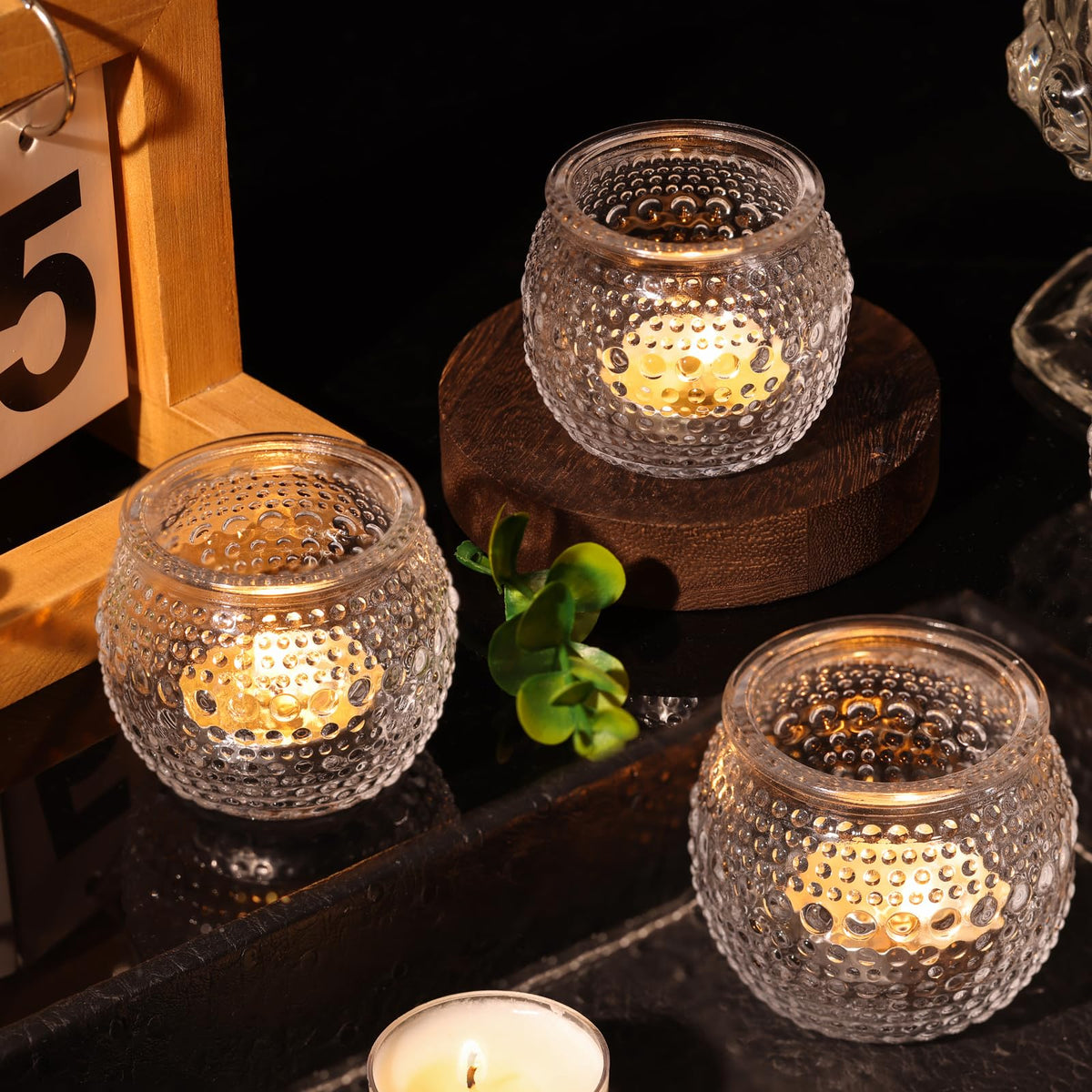 16 Pcs Clear Tea Light Holders, Round Glass Candle Holders with Polka Dot Embossed for Table Centerpiece, Votive Candle Holders for Weddings, Home Decor, Baby Shower, Special Occasions