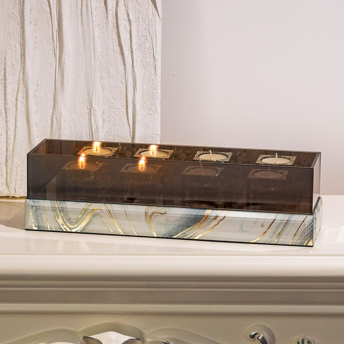 Crystal Glass Candle Holder Rectangular 4 Candle Seat with Marble Pattern-Tealight and Votive Candles Holders Centerpiece Table Decorations for Home Décor, Dining Room, Kitchen, Patio (White)