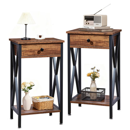 VECELO Tall End Side Tables,27 Inch Night Stand with U-Shape Basket and Storage Drawer/Shelf for Living Room/Bedroom/Small Spaces,Set of 2,Brown